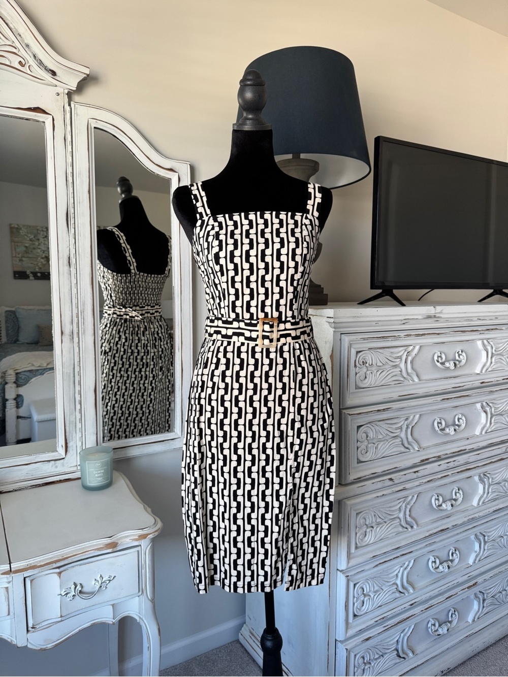 Black and White Geometric Midi Tank Dress with Belt